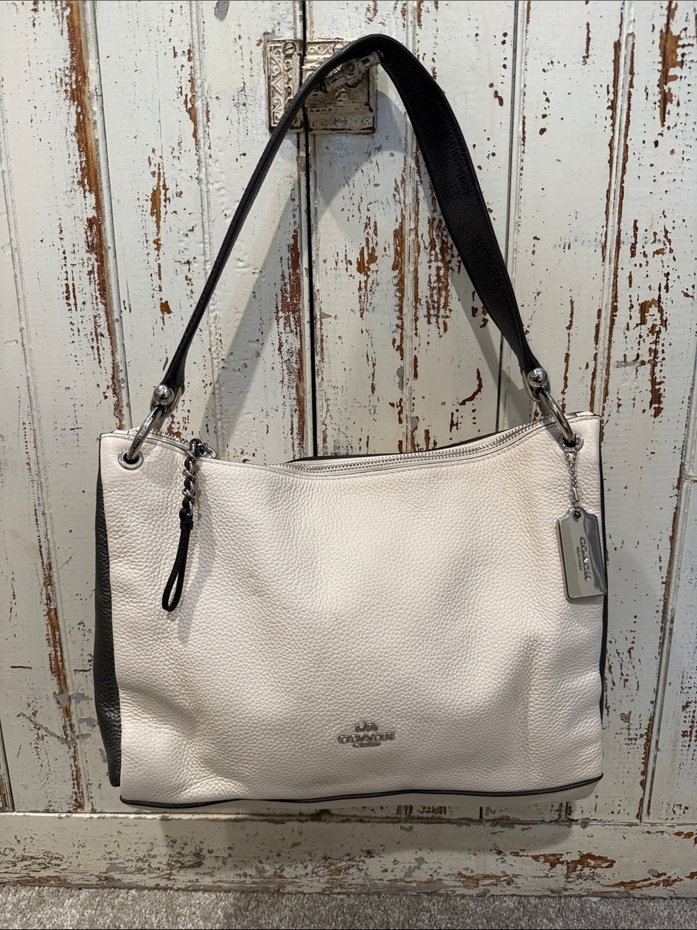 Coach White Pebbled Leather Shoulder Bag with Black Trim